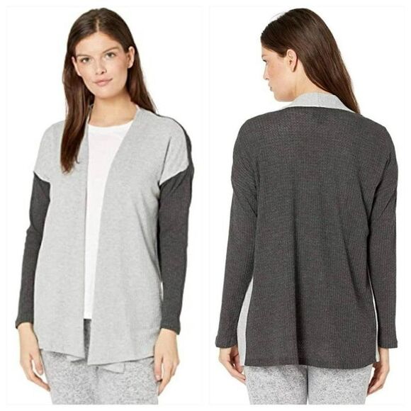Bobeau Waffle Knit Grey Color Block Open Front Soft Cardigan Women's Small NWT - Picture 1 of 9
